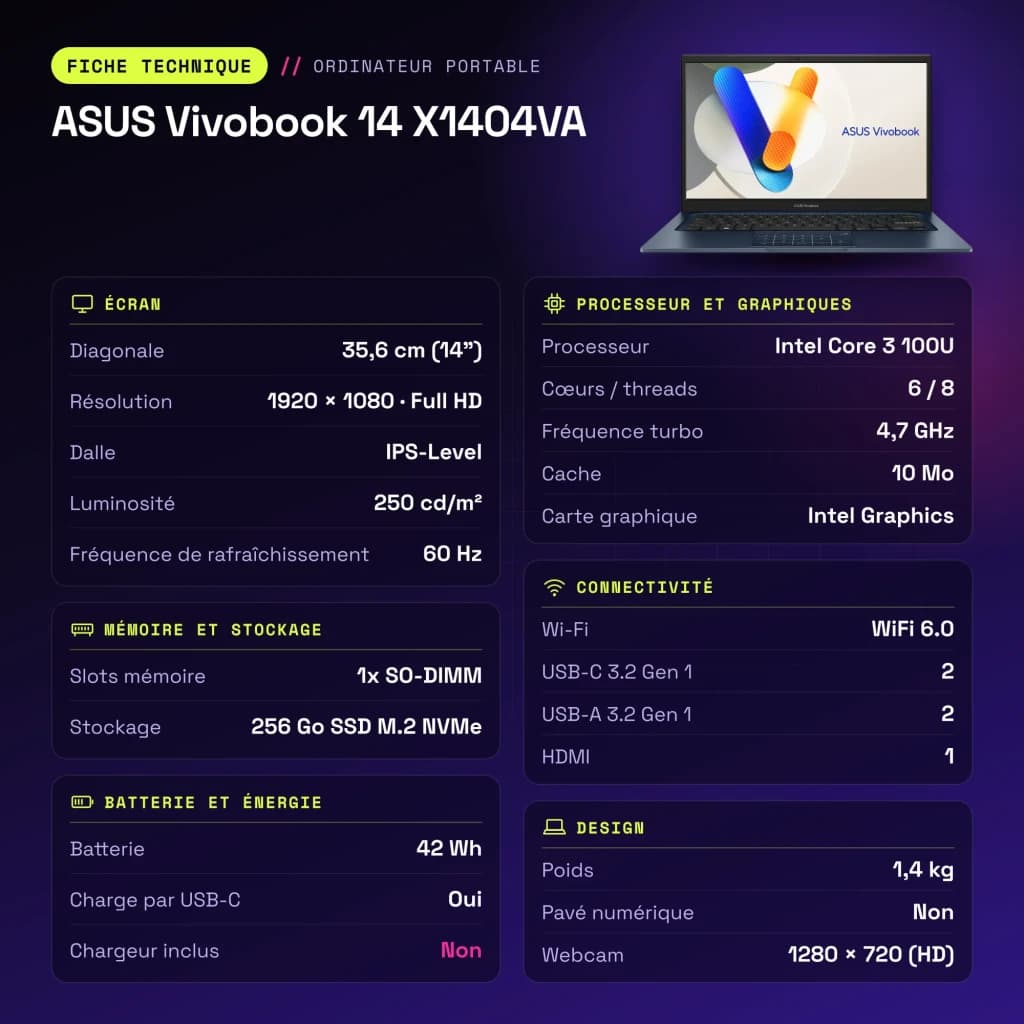 Portátil ASUS Vivobook 14 8GB/256GB 14 pulgadas FHD IPS Intel Core 3 100U SSD NVMe PCIe 4.0 Windows 11 Home Azul X1404VA - características