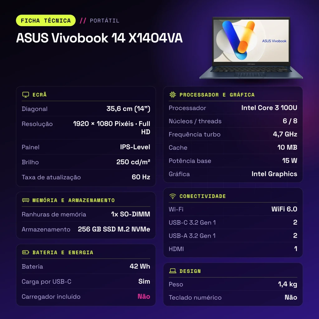Portátil ASUS Vivobook 14 8GB/256GB 14 pulgadas FHD IPS Intel Core 3 100U SSD NVMe PCIe 4.0 Windows 11 Home Azul X1404VA - características