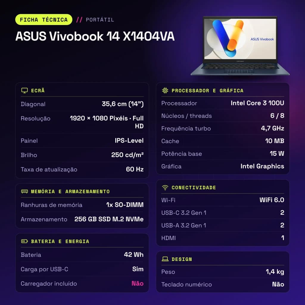 Portátil ASUS Vivobook 14 8GB/256GB 14 pulgadas FHD IPS Intel Core 3 100U SSD NVMe PCIe 4.0 Windows 11 Home Azul X1404VA - características