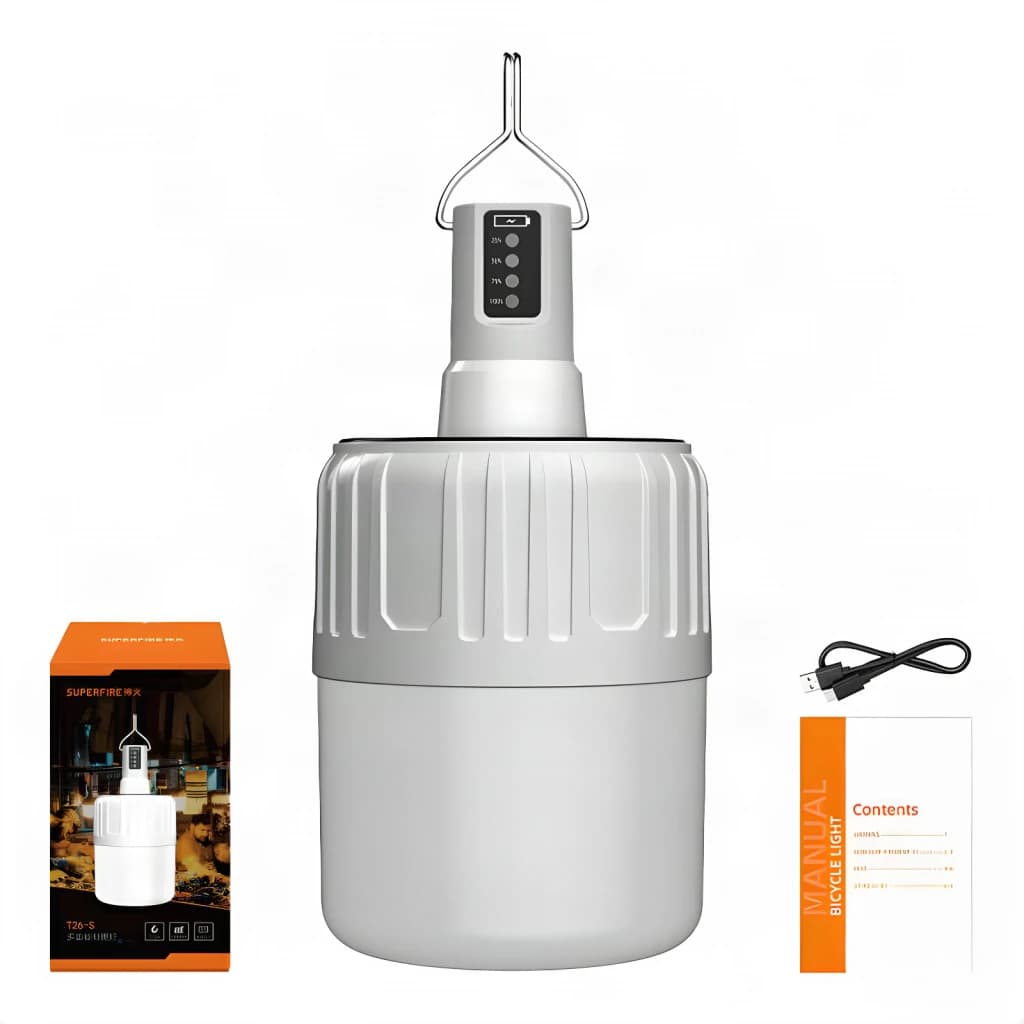 Lanterna de campismo SUPERFIRE Solar e Micro USB 500lm Branco T26-S, conteúdo da caixa: lanterna com gancho, caixa laranja