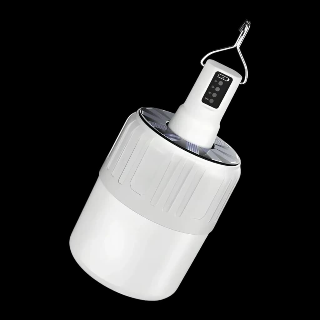 Lanterna de campismo SUPERFIRE Solar e Micro USB 500lm Branco T26-S, detalhe: painel solar, botões de controlo e gancho