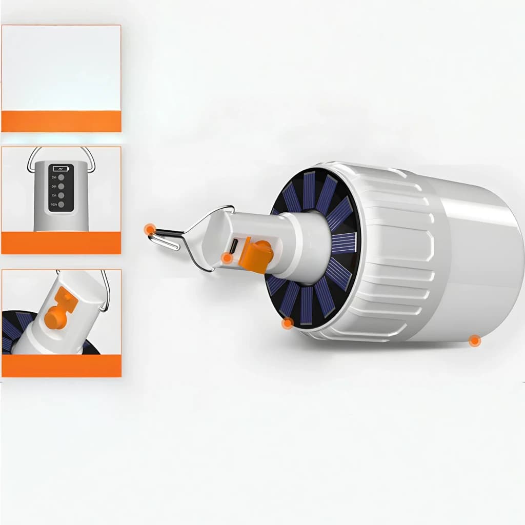 Lanterna de campismo SUPERFIRE Solar e Micro USB 500lm Branco T26-S, detalhe: painel solar circular, porta Micro USB laranja