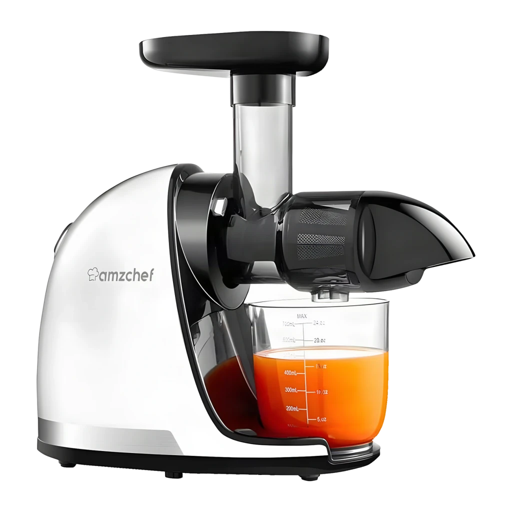 Licuadora de Vaso Lento Amzchef 0,65L 150W 2 Modos (Suave/Duro) Blanco 1501-WT, detalle: vaso con zumo naranja, módulo