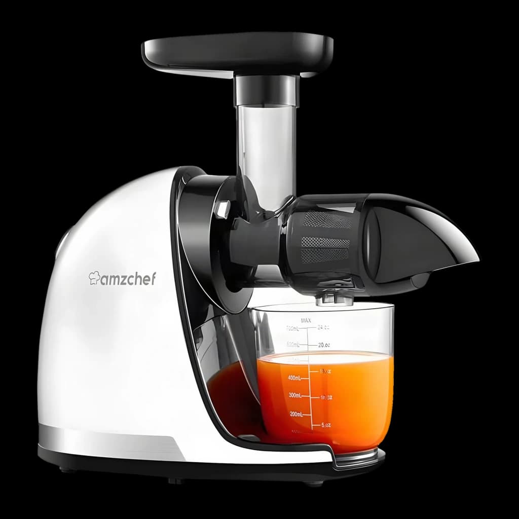 Licuadora de Vaso Lento Amzchef 0,65L 150W 2 Modos (Suave/Duro) Blanco 1501-WT, detalle: vaso con zumo naranja, módulo