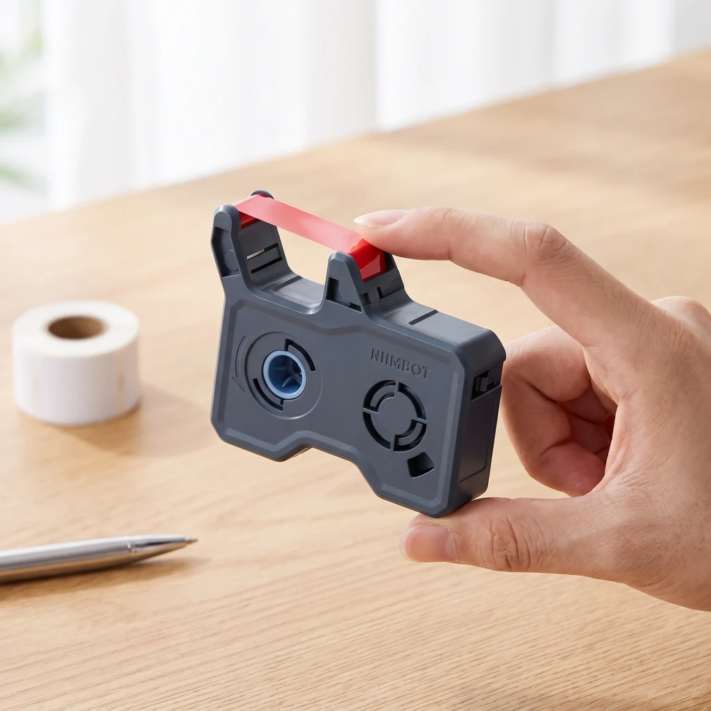 Cinta térmica Niimbot Roja Rojo RR14.2-70Red, en uso: mano sosteniendo el cartucho gris con cinta roja visible en la parte