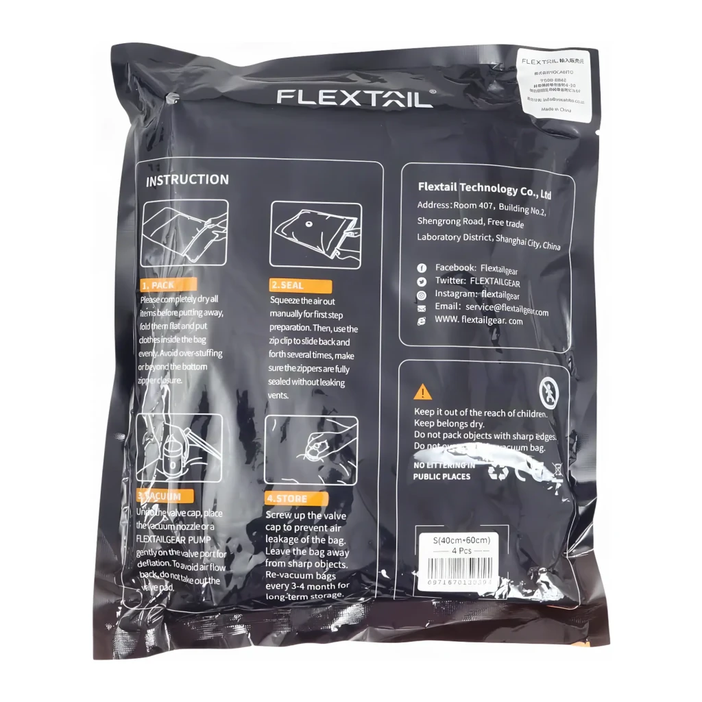 Bolsas de vacío Flextail Vacuum S Pack 4 Hermético, resistente a humedad 40x60 cm, contenido de la caja: reverso