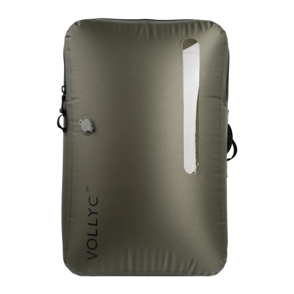 Bolsa de vacío Flextail EZY Pack L 55L Verde Nylon 70D TPU, vista frontal: bolsa inflada con válvula lateral, ventana