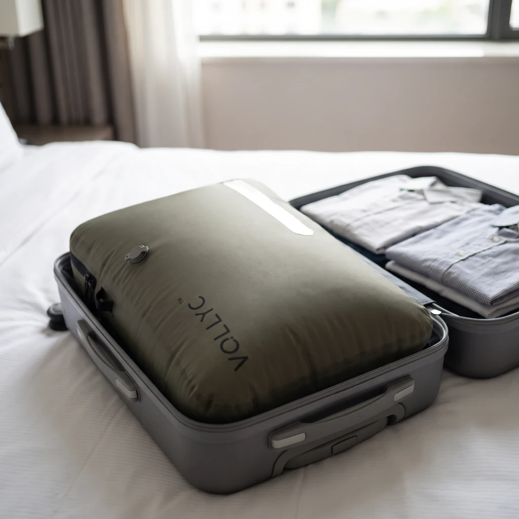 Bolsa de vacío Flextail EZY Pack L 55L Verde Nylon 70D TPU, en uso: llena en maleta abierta sobre cama junto a camisas