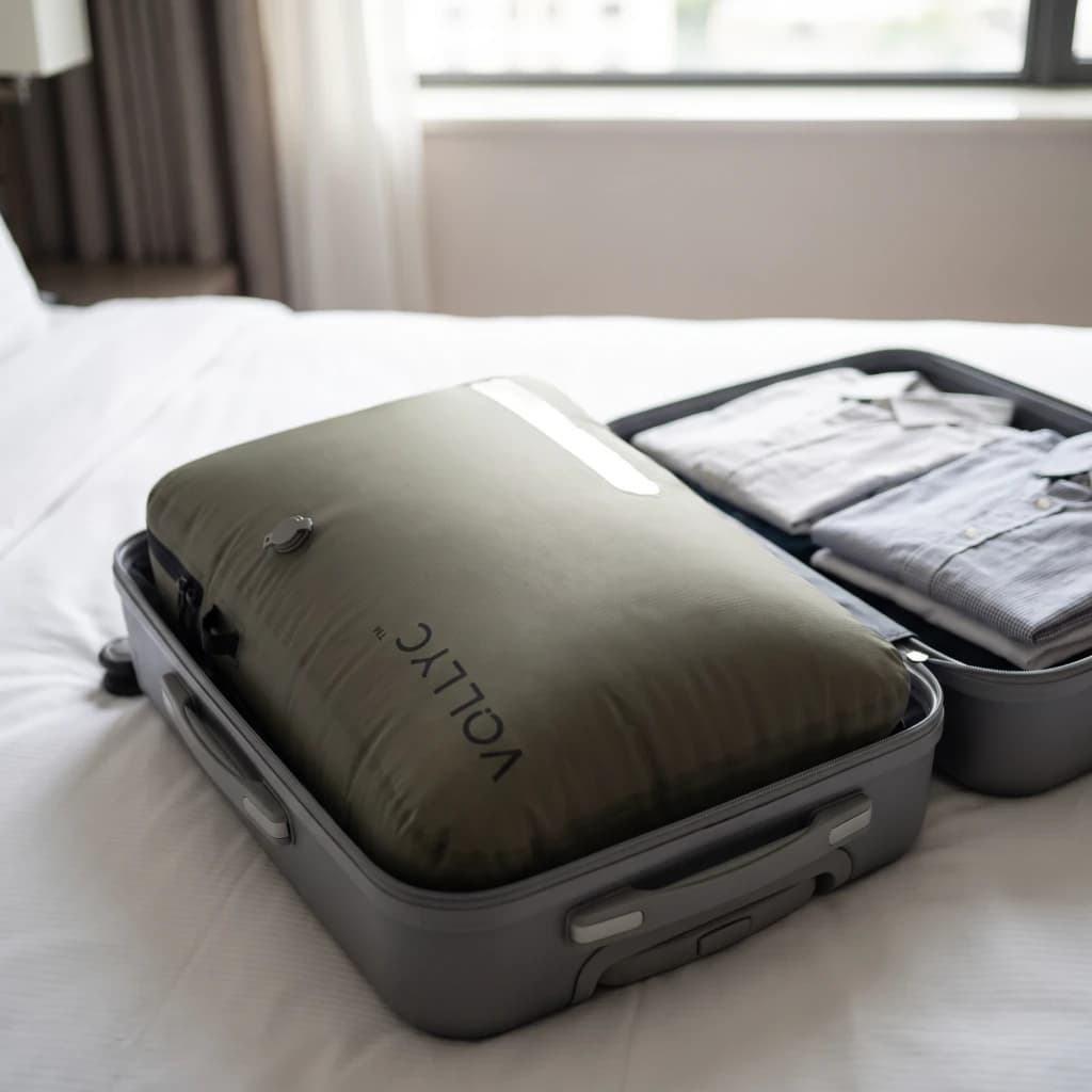 Bolsa de vacío Flextail EZY Pack L 55L Verde Nylon 70D TPU, en uso: llena en maleta abierta sobre cama junto a camisas