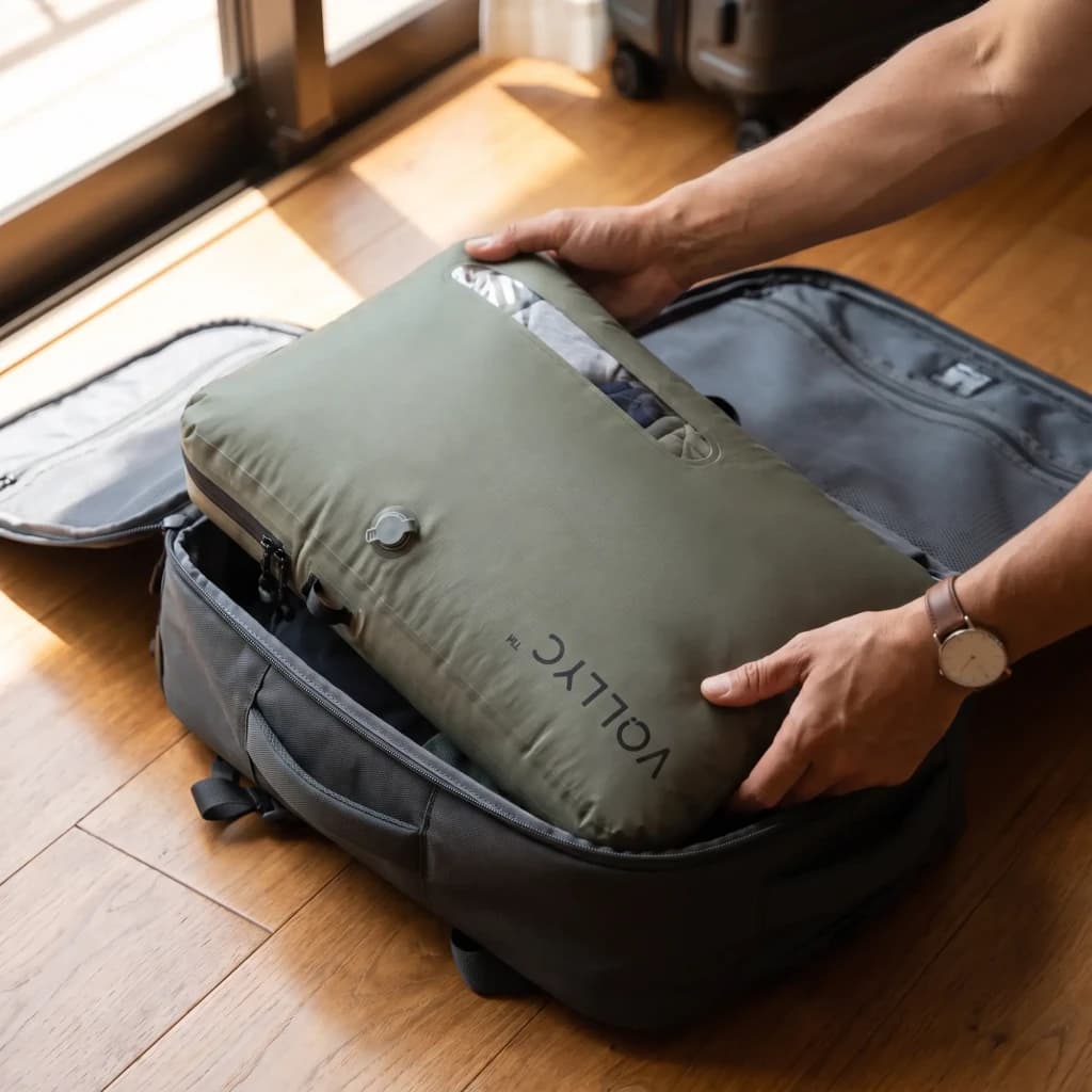 Bolsa de vacío Flextail EZY Pack L 55L Verde Nylon 70D TPU, en uso: manos introduciendo la bolsa verde llena de ropa