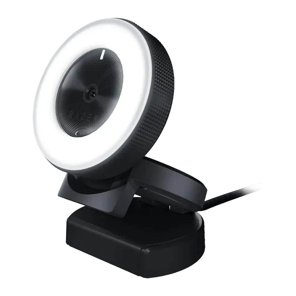 Webcam Razer Kiyo Full HD 60fps Microfone USB Preto, vista frontal: anel de luz LED aceso, lente central e suporte articulado