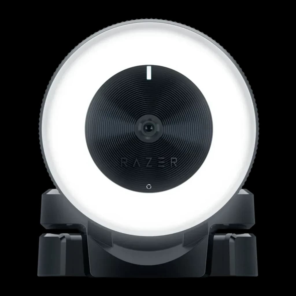 Webcam Razer Kiyo Full HD 60fps Microfone USB Preto, detalhe frontal: anel de luz LED aceso, lente central e logótipo Razer