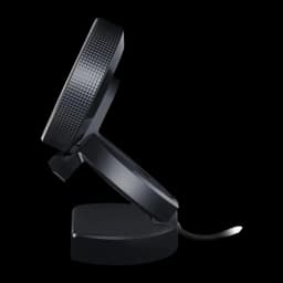 Webcam Razer Kiyo Full HD 60fps Microfone USB Preto, detalhe lateral: textura diamante do aro, suporte articulado e cabo USB