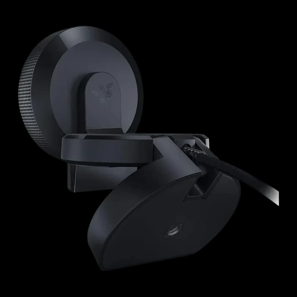 Webcam Razer Kiyo Full HD 60fps Microfone USB Preto, vista traseira: logo Razer, anel texturizado e cabo trançado
