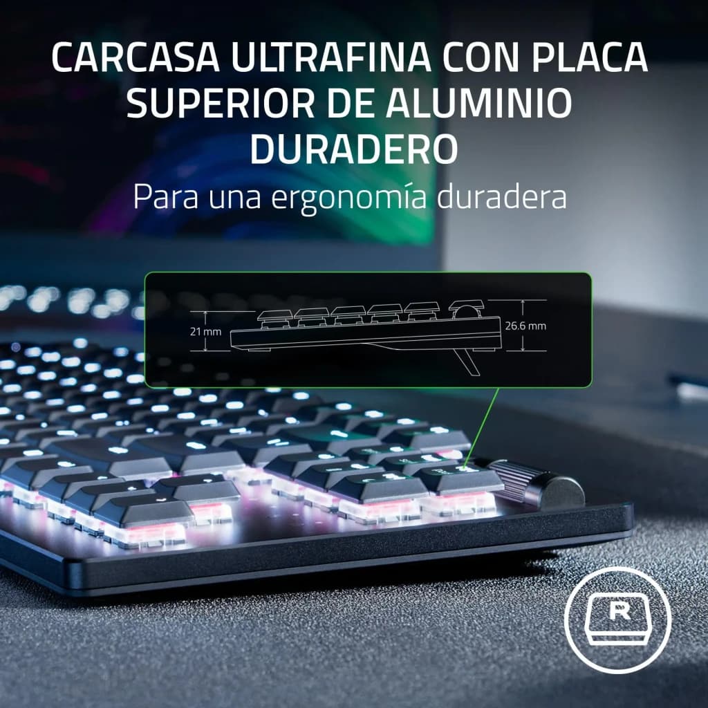 Teclado Gaming Razer DeathStalker V2 Pro TenKeyless Inalámbrico Rojo, detalle lateral: carcasa ultrafina de aluminio
