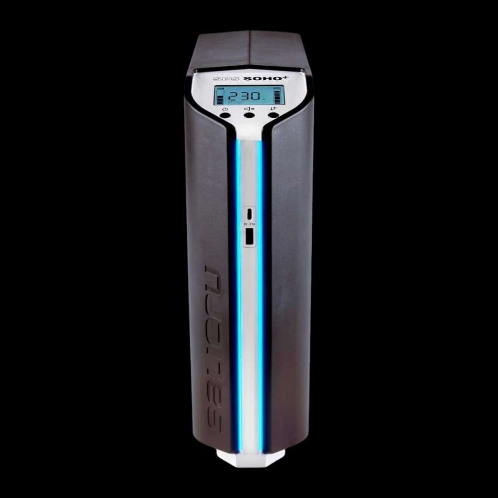 Sai ups Salicru SPS 750 SOHO+ Línea Interactiva 750VA 420W Negro, detalle frontal: pantalla LCD con 230V, franja LED azul