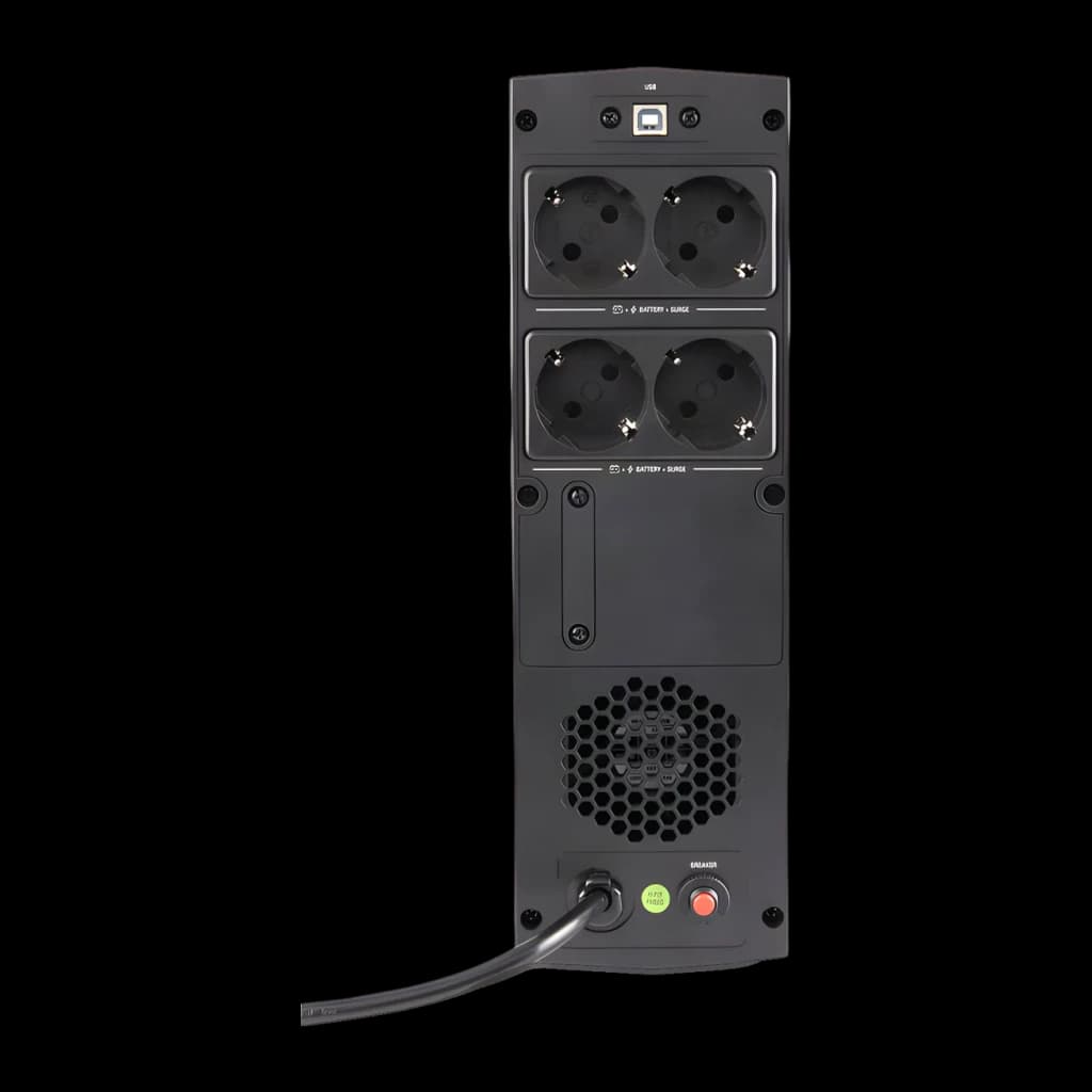 Sai ups Salicru SPS 750 SOHO+ Línea Interactiva 750VA 420W Negro, vista trasera: 4 tomas Schuko, puerto USB-B, ventilador