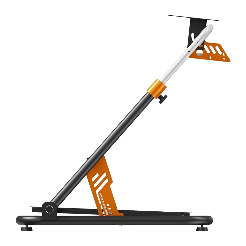 Support volant PXN A11 Inclinaison 6°-11,5° Noir, détail latéral: mât incliné, collier orange et base avec logo PXN Racing