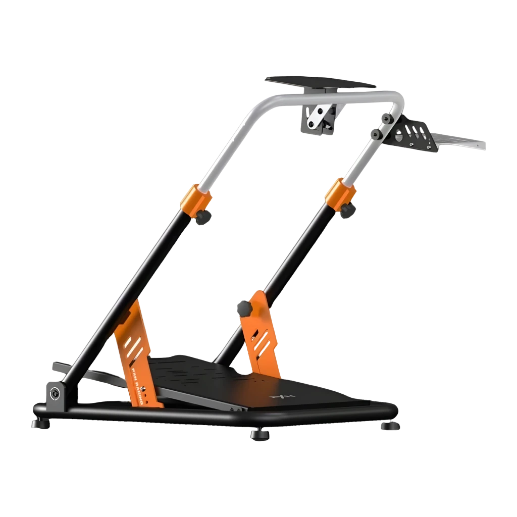 Support volant PXN A11 Inclinaison 6°-11,5° Noir, vue arrière: cadre tubulaire argenté, fixations orange et base noire