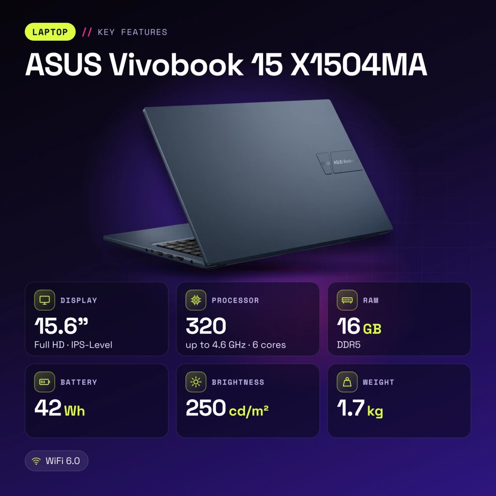 Portátil ASUS Vivobook 15 16GB/512GB 15.6 pulgadas FHD IPS Intel Core 5 320 SSD NVMe PCIe 4.0 Windows 11 Home Azul X1504MA - características