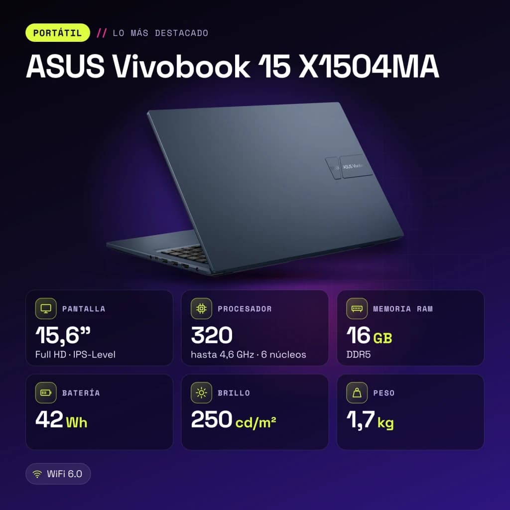 Portátil ASUS Vivobook 15 16GB/512GB 15.6 pulgadas FHD IPS Intel Core 5 320 SSD NVMe PCIe 4.0 Windows 11 Home Azul X1504MA - características