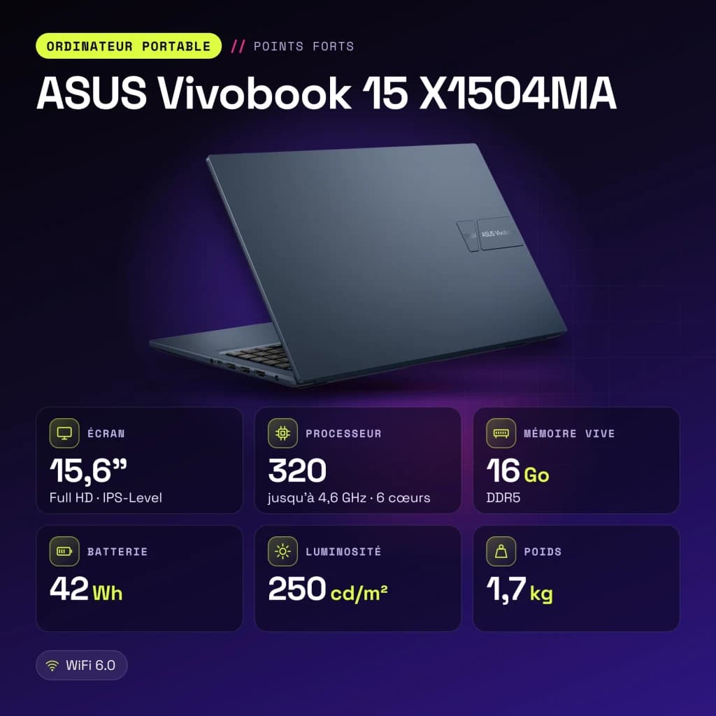Portátil ASUS Vivobook 15 16GB/512GB 15.6 pulgadas FHD IPS Intel Core 5 320 SSD NVMe PCIe 4.0 Windows 11 Home Azul X1504MA - características