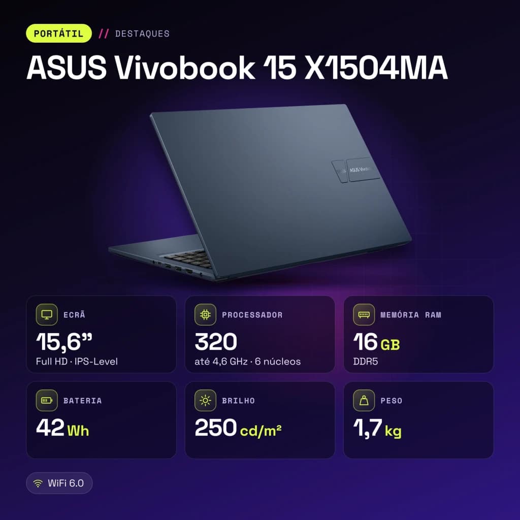 Portátil ASUS Vivobook 15 16GB/512GB 15.6 pulgadas FHD IPS Intel Core 5 320 SSD NVMe PCIe 4.0 Windows 11 Home Azul X1504MA - características