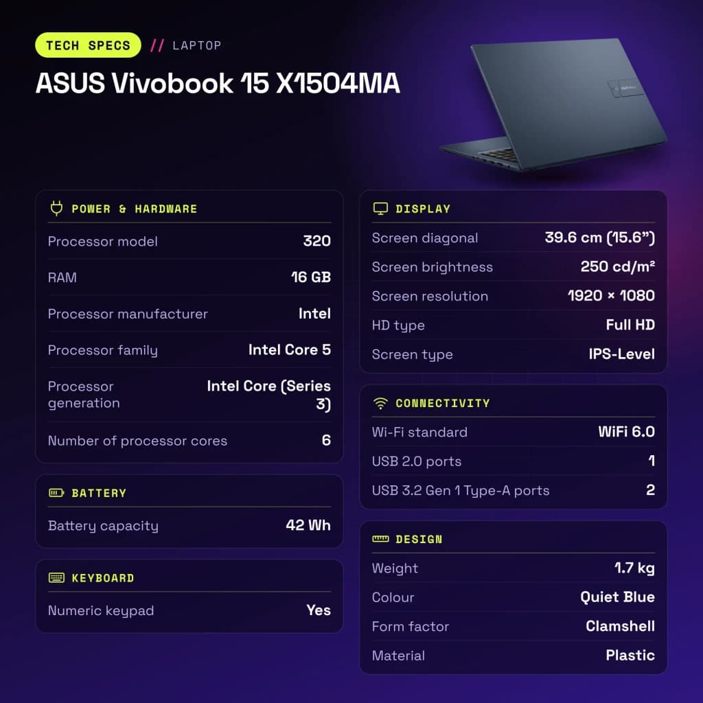 Portátil ASUS Vivobook 15 16GB/512GB 15.6 pulgadas FHD IPS Intel Core 5 320 SSD NVMe PCIe 4.0 Windows 11 Home Azul X1504MA - características