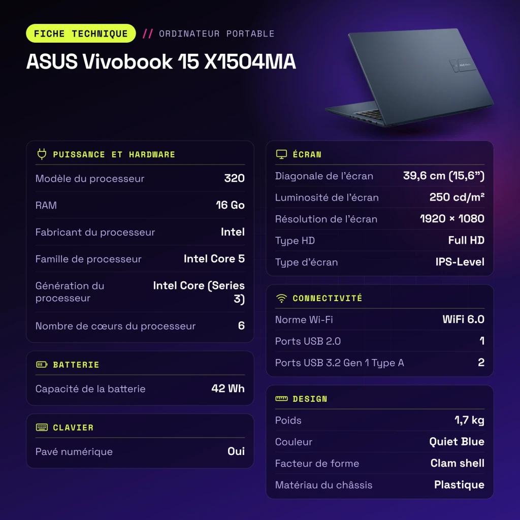 Portátil ASUS Vivobook 15 16GB/512GB 15.6 pulgadas FHD IPS Intel Core 5 320 SSD NVMe PCIe 4.0 Windows 11 Home Azul X1504MA - características