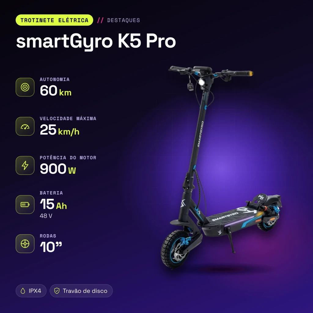 Patinete Eléctrico smartGyro K5 Pro 900W 60km 25km/h 10 pulgadas - características