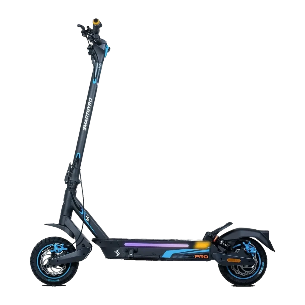 Patinete Eléctrico smartGyro K5 Pro 900W 60km 25km/h 10 pulgadas, detalle lateral: frenos de disco, suspensión trasera