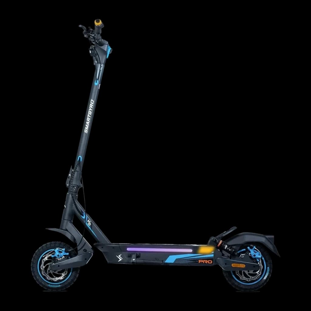 Patinete Eléctrico smartGyro K5 Pro 900W 60km 25km/h 10 pulgadas, detalle lateral: frenos de disco, suspensión trasera