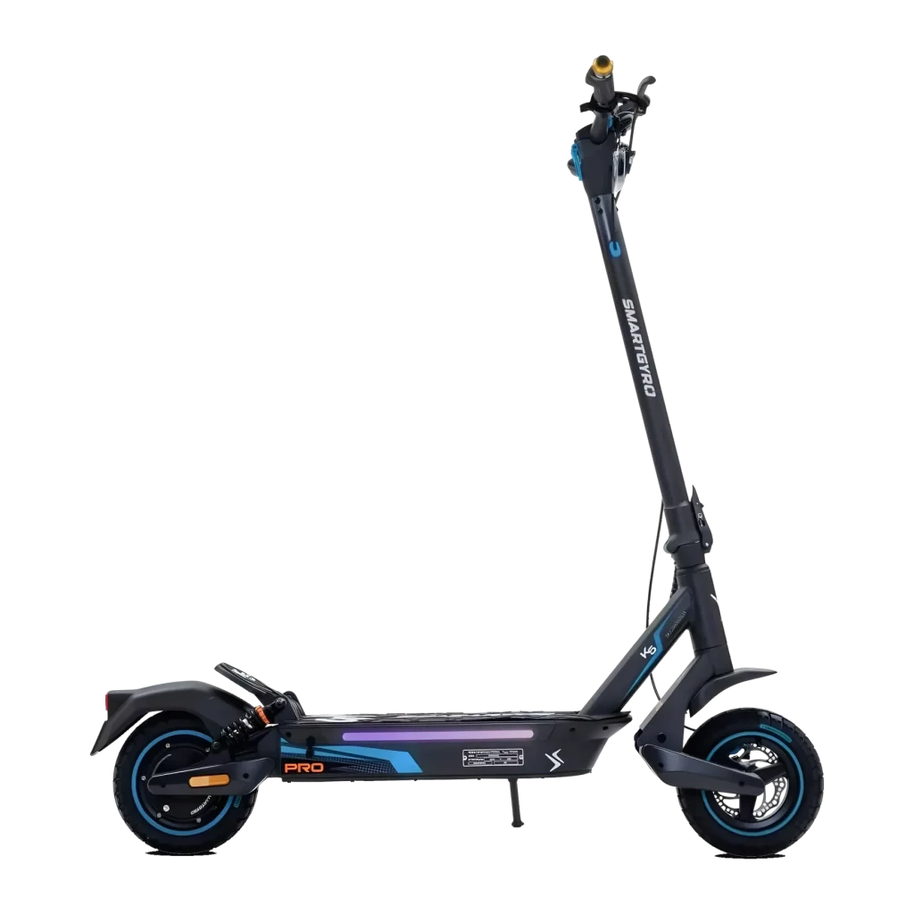 Patinete Eléctrico smartGyro K5 Pro 900W 60km 25km/h 10 pulgadas, detalle lateral: manillar, deck con tira LED RGB y ruedas