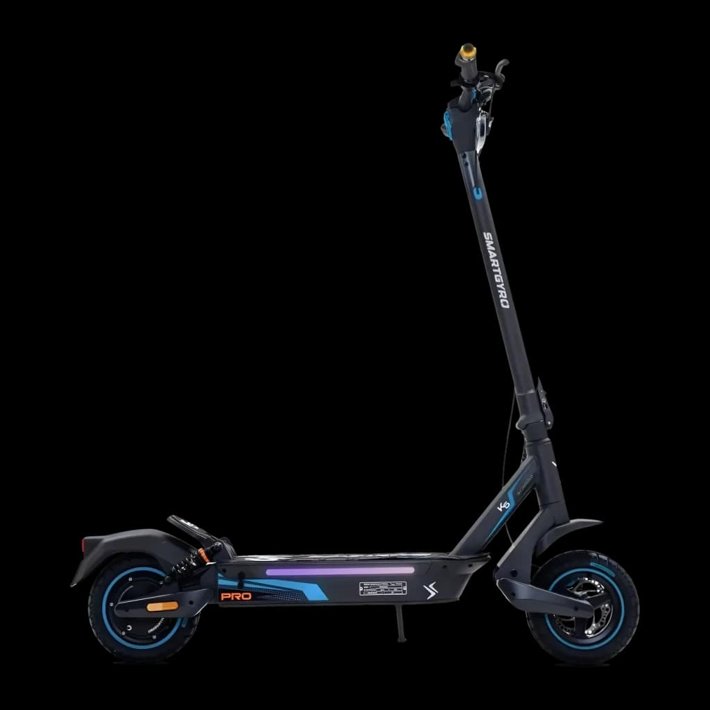 Patinete Eléctrico smartGyro K5 Pro 900W 60km 25km/h 10 pulgadas, detalle lateral: manillar, deck con tira LED RGB y ruedas