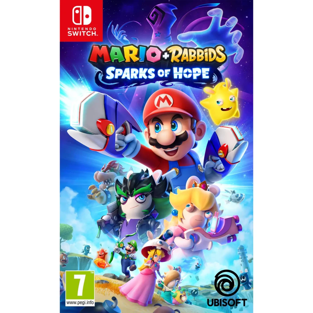 Videojogo Ubisoft Mario + Rabbids Sparks of Hope Nintendo Switch, vista frontal: capa com Mario, Peach, Rabbids e Sparks