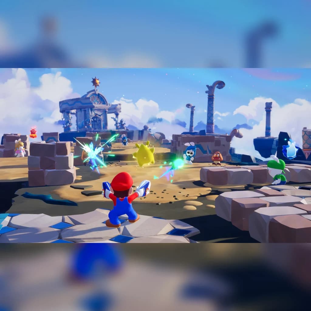 Videojogo Ubisoft Mario + Rabbids Sparks of Hope Nintendo Switch, em uso: Mario em combate tático com Sparks e inimigos