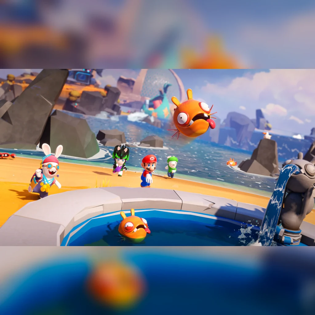 Videojogo Ubisoft Mario + Rabbids Sparks of Hope Nintendo Switch, em uso: Mario e aliados na praia com inimigo peixe gigante