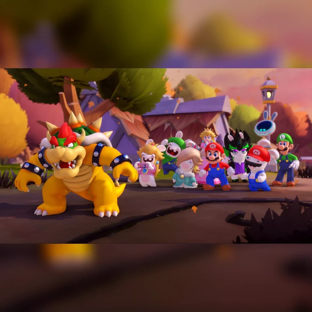 Videojogo Ubisoft Mario + Rabbids Sparks of Hope Nintendo Switch, em uso: Bowser e a equipa em cena de jogo ao pôr do sol