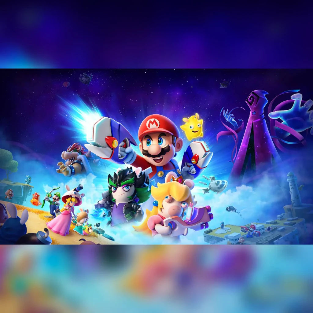 Videojogo Ubisoft Mario + Rabbids Sparks of Hope Nintendo Switch, em uso: arte do jogo com Mario, Peach e personagens