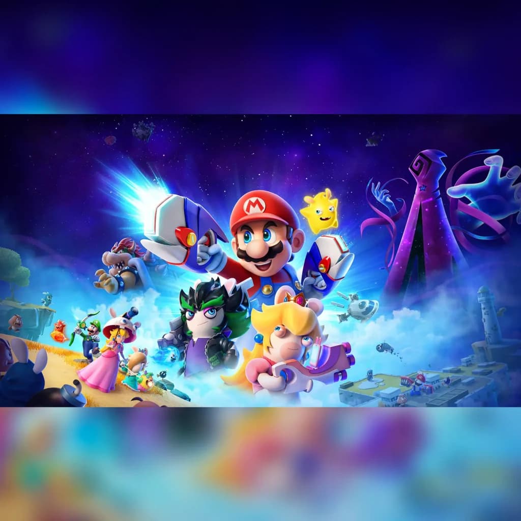 Videojogo Ubisoft Mario + Rabbids Sparks of Hope Nintendo Switch, em uso: arte do jogo com Mario, Peach e personagens
