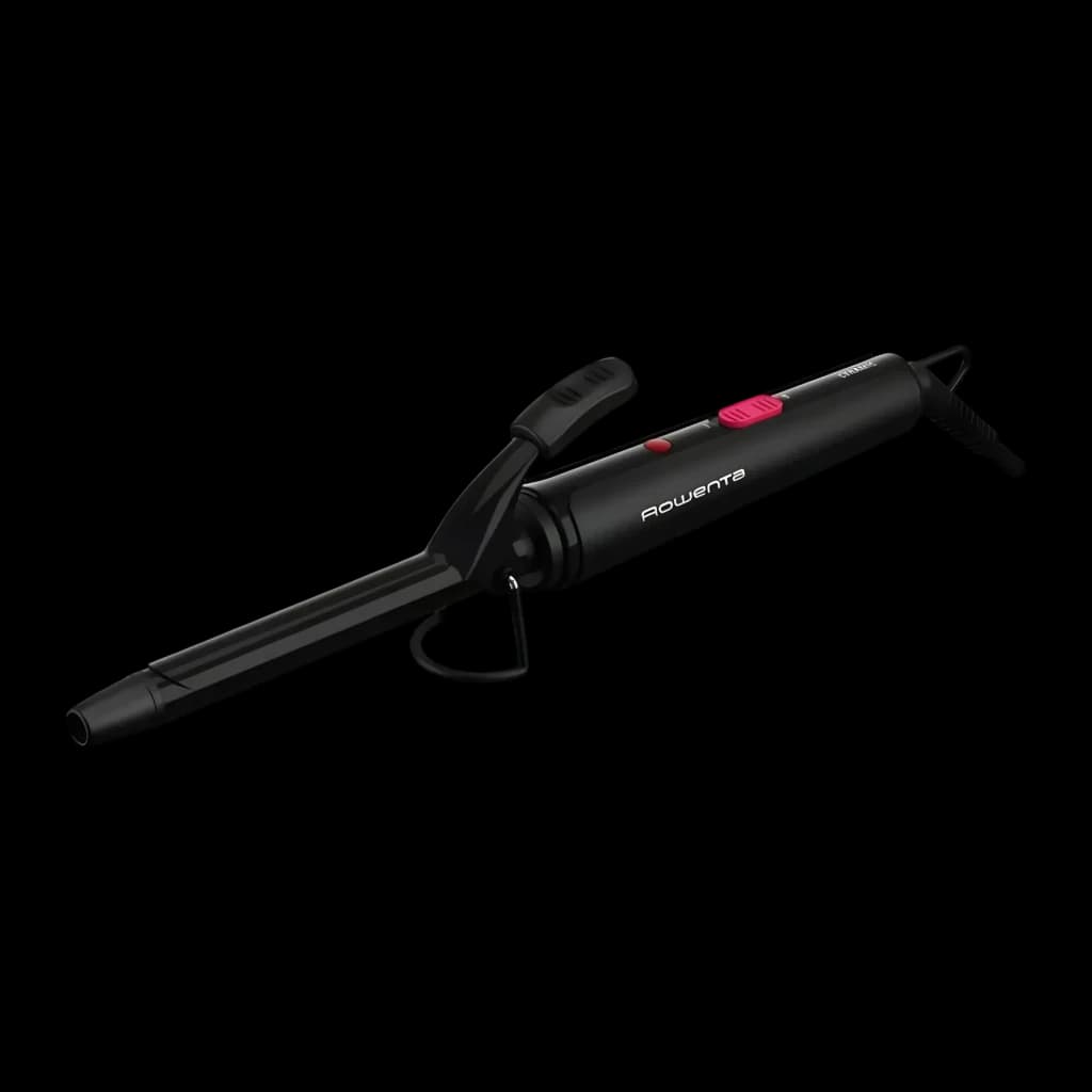 Modelador de caracóis Rowenta Rizador 25W Preto/Rosa CF2133, vista frontal: corpo preto com botão rosa e presilha visível