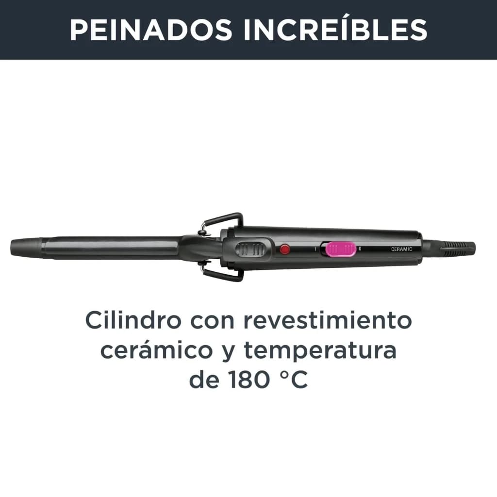 Modelador de caracóis Rowenta Rizador 25W Preto/Rosa CF2133, lateral: cilindro cerâmico preto com seletor rosa e 180°C