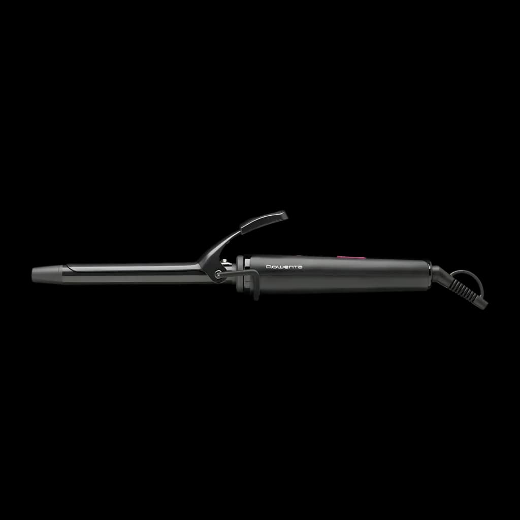 Modelador de caracóis Rowenta Rizador 25W Preto/Rosa CF2133, detalhe: barril cilíndrico, pinça e logo Rowenta visíveis