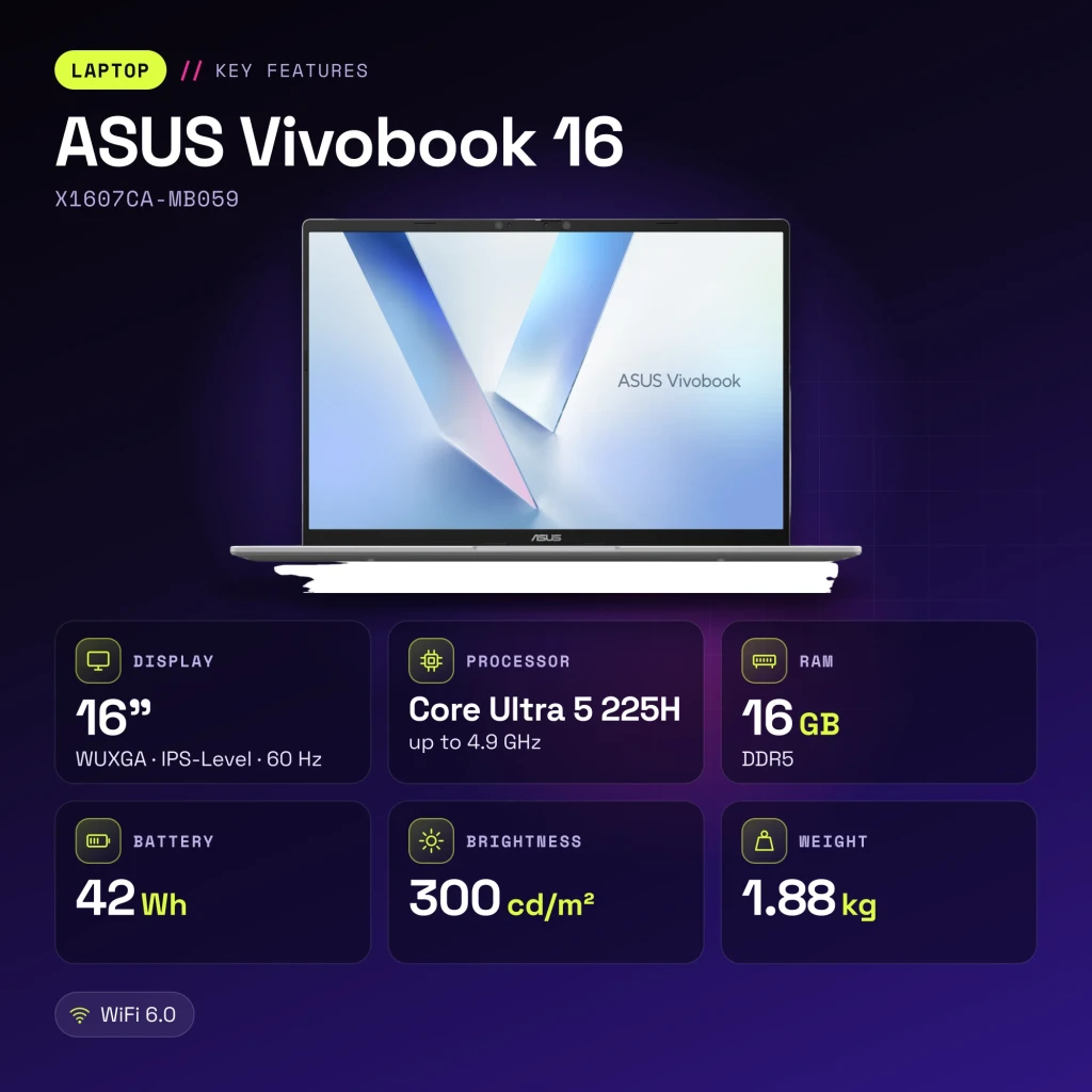 Portátil ASUS Vivobook 16 16GB/512GB 16 pulgadas WUXGA IPS Intel Core Ultra 5 225H SSD NVMe PCIe 4.0 Sin Sistema Operativo Plata X1607CA-MB059 - características