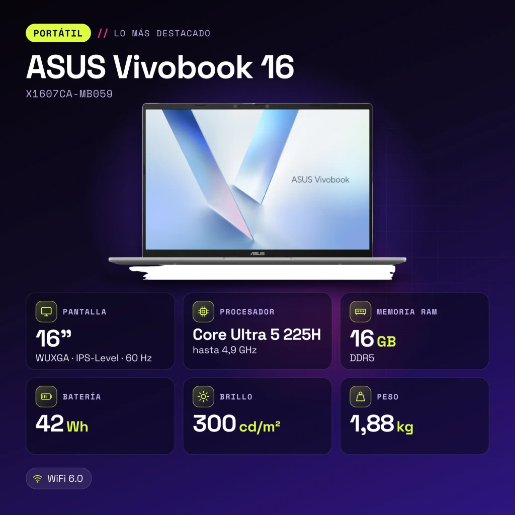 Portátil ASUS Vivobook 16 16GB/512GB 16 pulgadas WUXGA IPS Intel Core Ultra 5 225H SSD NVMe PCIe 4.0 Sin Sistema Operativo Plata X1607CA-MB059 - características