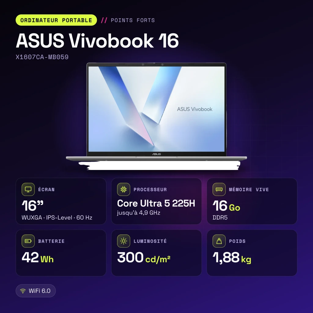 Portátil ASUS Vivobook 16 16GB/512GB 16 pulgadas WUXGA IPS Intel Core Ultra 5 225H SSD NVMe PCIe 4.0 Sin Sistema Operativo Plata X1607CA-MB059 - características