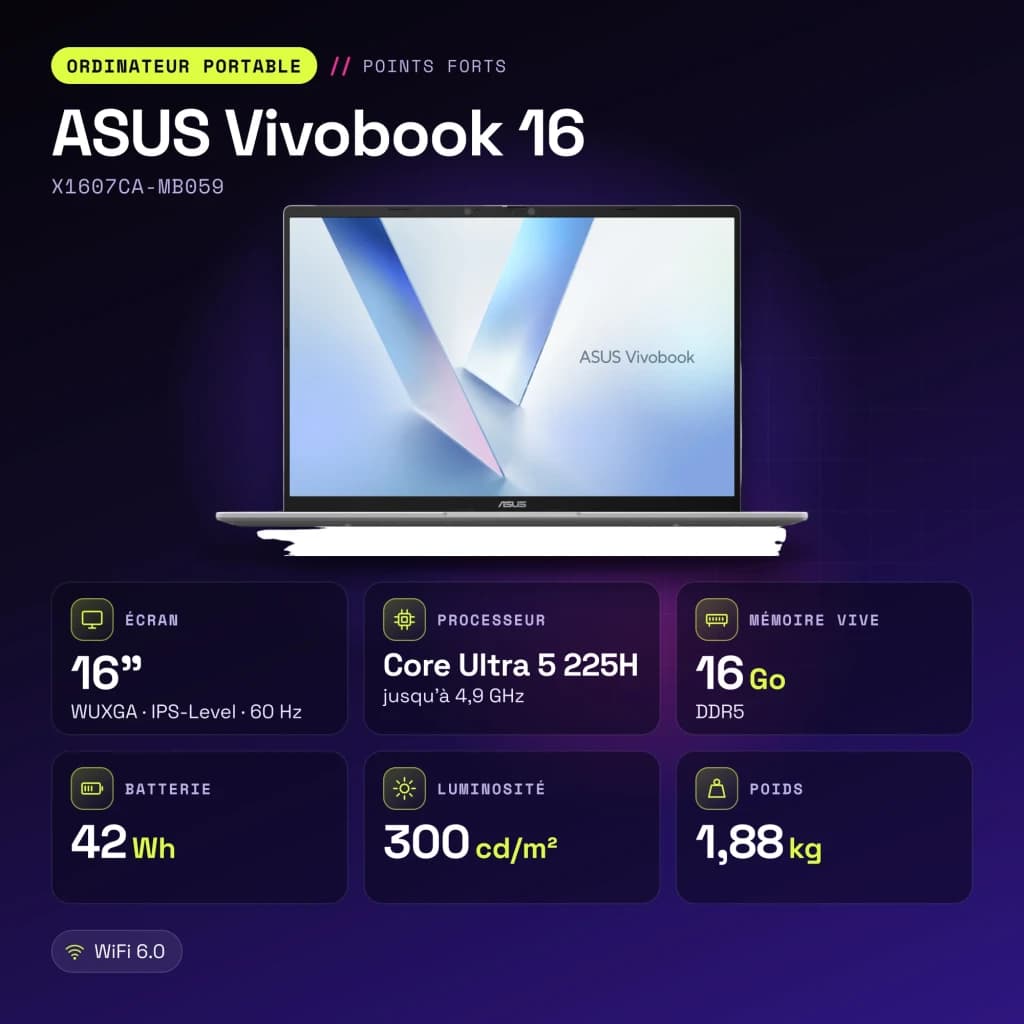 Portátil ASUS Vivobook 16 16GB/512GB 16 pulgadas WUXGA IPS Intel Core Ultra 5 225H SSD NVMe PCIe 4.0 Sin Sistema Operativo Plata X1607CA-MB059 - características