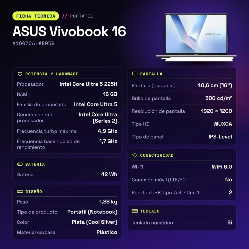 Portátil ASUS Vivobook 16 16GB/512GB 16 pulgadas WUXGA IPS Intel Core Ultra 5 225H SSD NVMe PCIe 4.0 Sin Sistema Operativo Plata X1607CA-MB059 - características