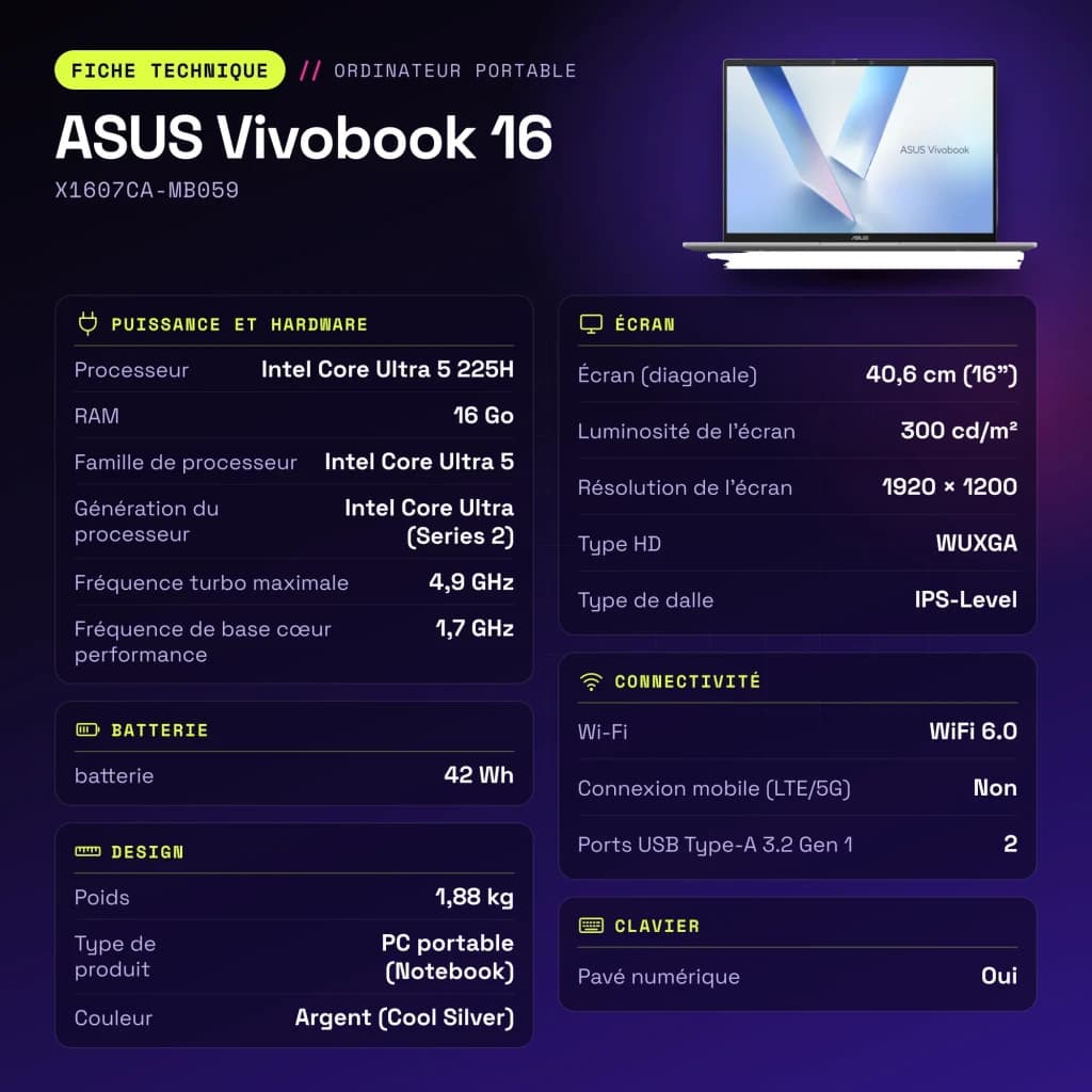 Portátil ASUS Vivobook 16 16GB/512GB 16 pulgadas WUXGA IPS Intel Core Ultra 5 225H SSD NVMe PCIe 4.0 Sin Sistema Operativo Plata X1607CA-MB059 - características