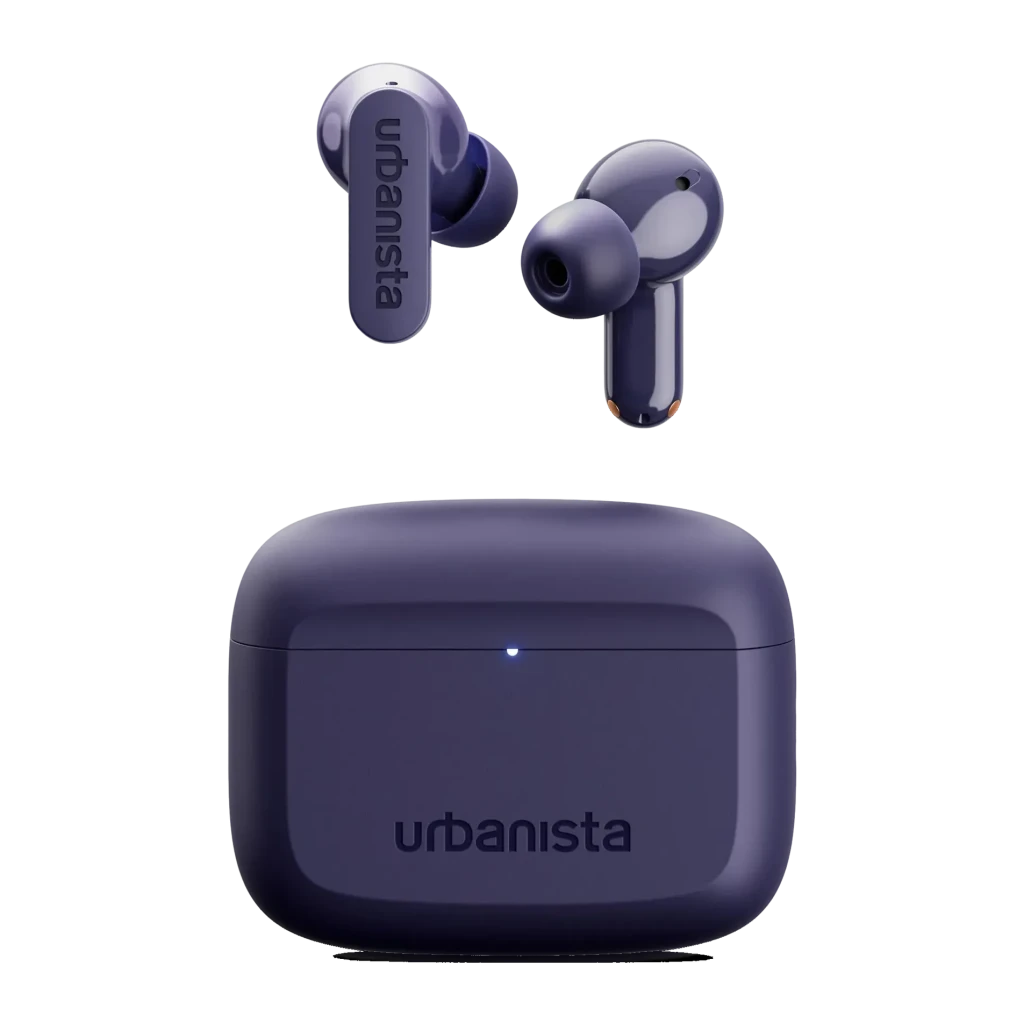 Auriculares Urbanista Palo Alto True Wireless Cancelación de Ruido TWS Violeta, vista frontal: estuche cerrado con LED azul